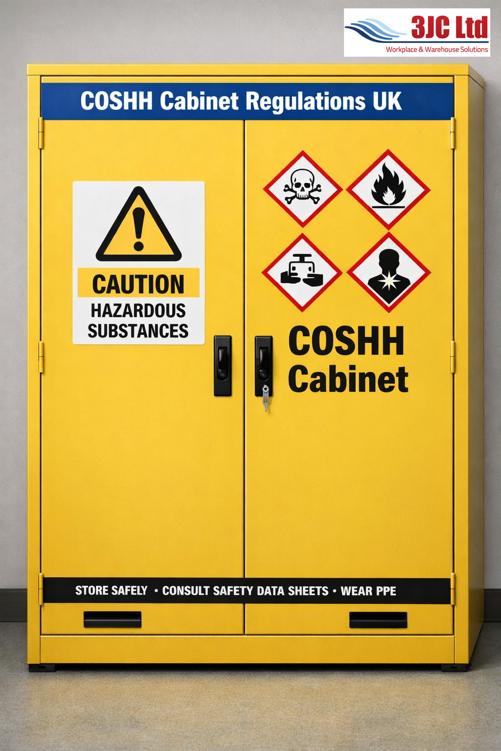 Yellow COSHH cabinet with hazard symbols and ‘COSHH Cabinet Regulations UK’ safety label