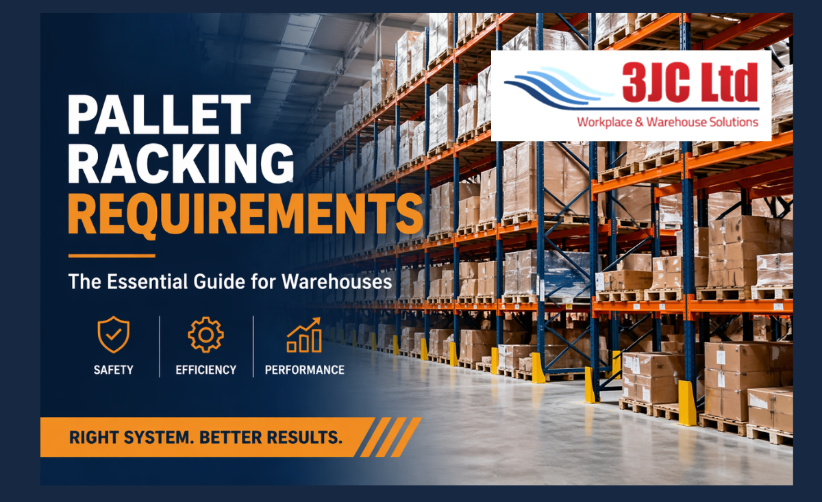 Warehouse pallet racking system with boxed pallets, illustrating pallet racking requirements for safety and efficient storage