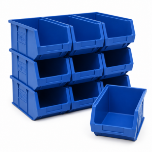 Parts Bins Guide: How to Choose the Right Small Parts Storage System 5 Blue stackable parts bins for small component storage